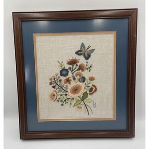 Vintage Framed Floral Embroidery Butterflies Crewel Wall Art 14"x13" Framed